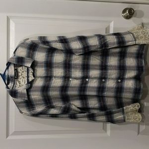 Frazzle Flannel Lace Back and Sleeve Detail Top